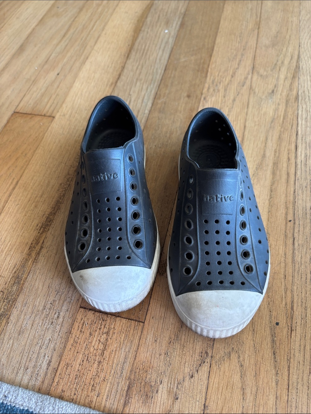 Native Kids Shoes in Black with White Toe Caps